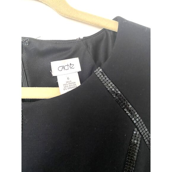 Cache Black Sheath Dress with Beaded Detail Cap Sleeves Formal LBD Sz 6 - Picture 7 of 9